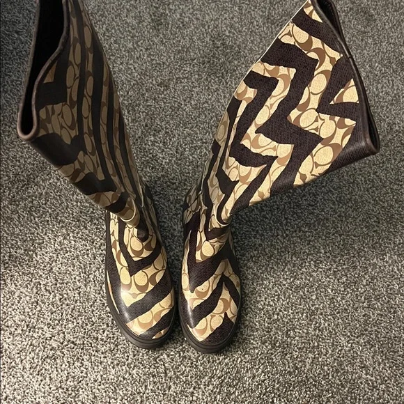 Coach Brown and Tan Signature Pattern Knee Boots - Picture 2 of 4